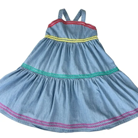 Hanna Andersson chambray denim jean jumper dress 140/10 rickrack blue yellow red - Picture 7 of 15